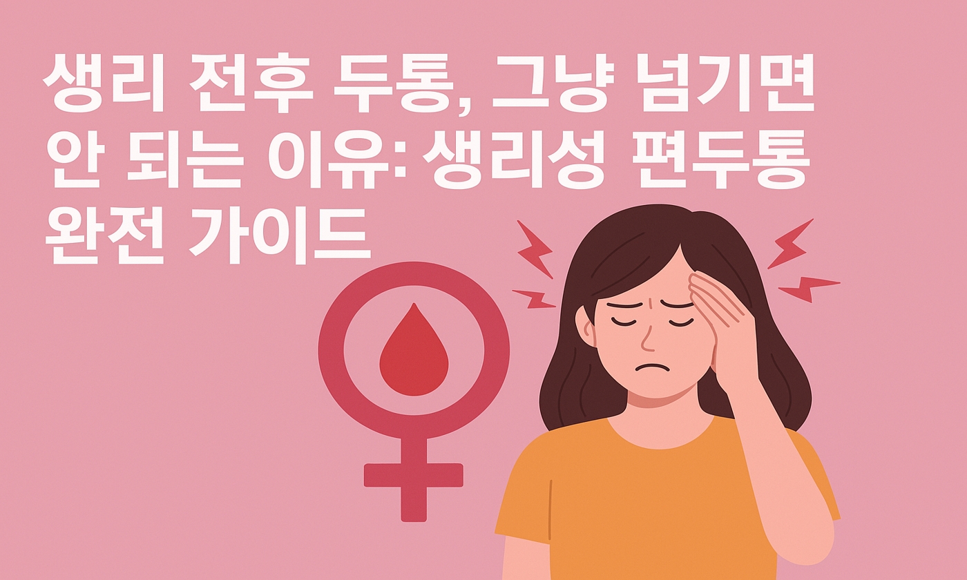 이 이미지는 분홍색 배경 위에 여성의 두통과 생리 주기 간의 관계를 상징적으로 표현하고 있다. 명확한 색상 대비와 간결한 구성으로 생리성 편두통의 반복성과 여성 호르몬 변동의 영향력을 시각적으로 강조한다.