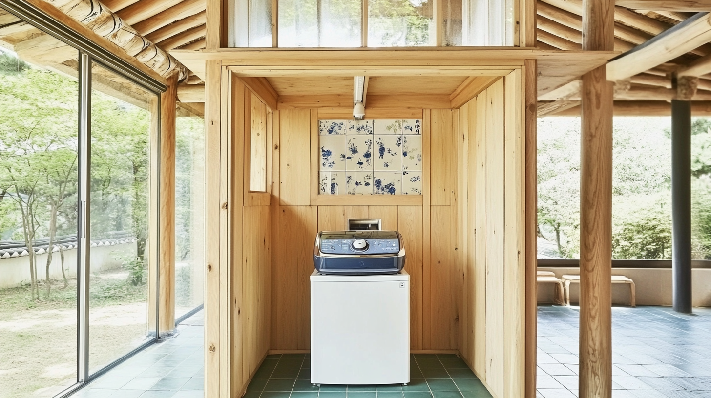 전통적인 한국의 한옥 스타일 인테리어에서 보여지는 통돌이 세탁기. 자연광이 비치는 러스틱한 목재 격자와 세라믹 타일로 꾸며진 공간이 고즈넉한 분위기를 자아냅니다.
