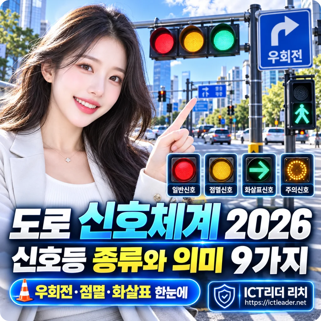 도로 신호체계 2026 신호등 종류와 의미 9가지 대표 썸네일. 여성과 도심 교차로를 배경으로 일반신호, 점멸신호, 화살표신호, 우회전 규칙을 안내하는 이미지