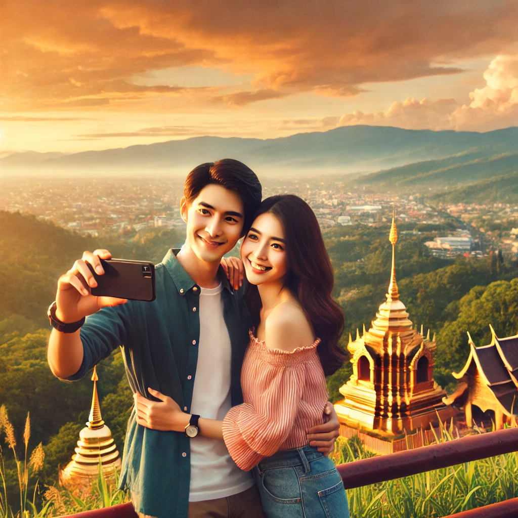 치앙마이에서 커플이 아름다운 풍경을 배경으로 사진을 찍는 모습