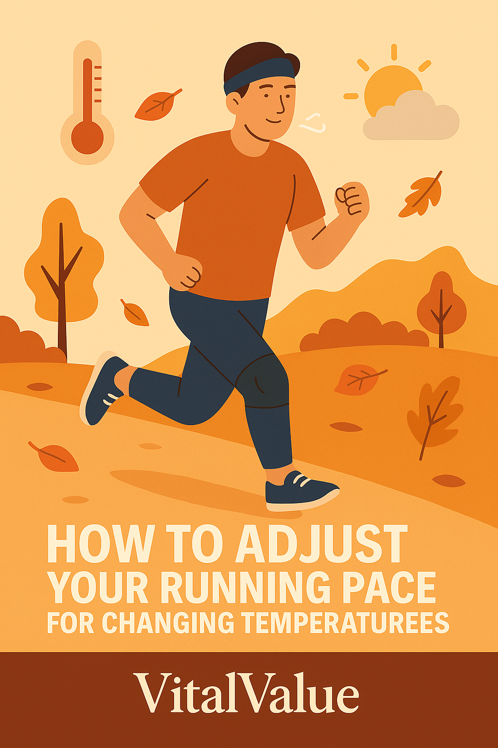 &ldquo;A flat autumn-style illustration of a runner jogging on a trail with visible breath in cool air. Thermometer and sun/cloud icons with falling leaves highlight how to adjust your running pace for changing temperatures, designed in VitalValue poster style.&rdquo;