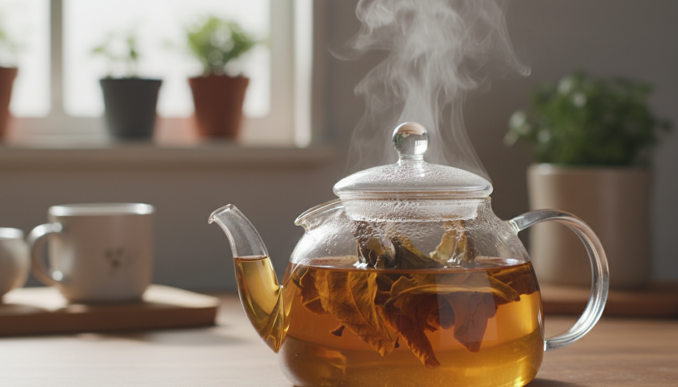 따뜻한 비파잎차가 우려지고 있는 유리 찻주전자.