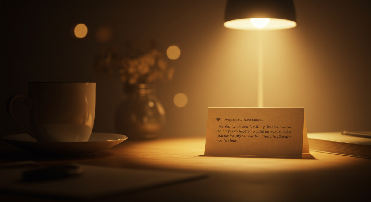 밤의 책상 위에서 완성된 후렴 한 줄을 카드에 적어 두고, 다음 작업을 계획하는 감성적인 장면