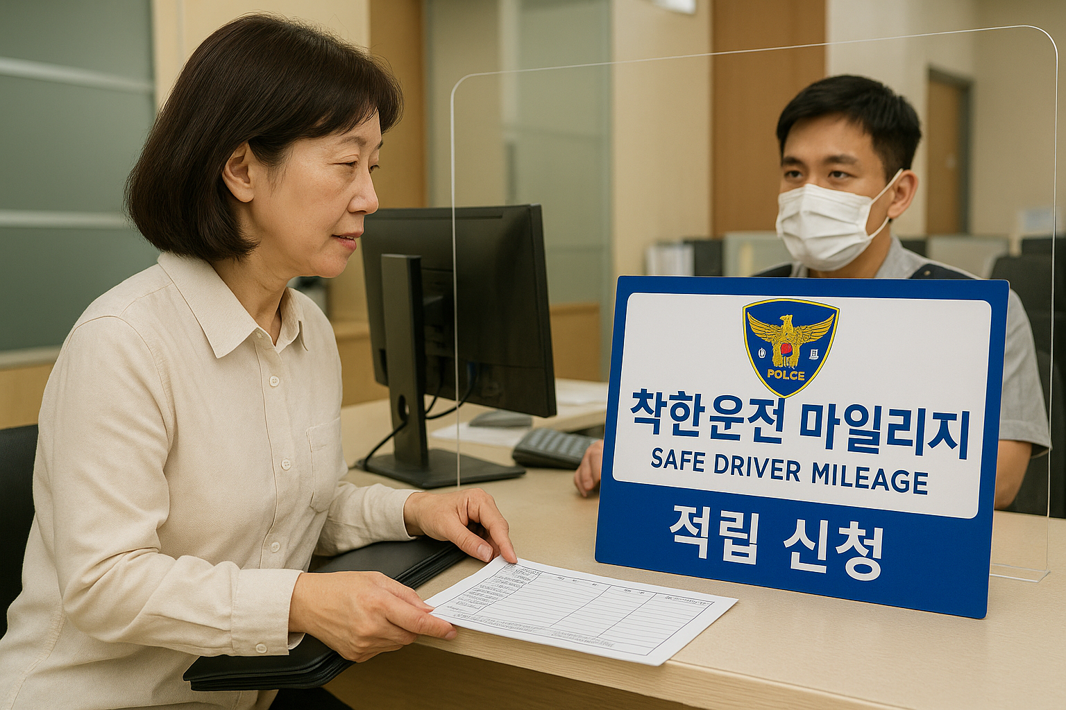 착한운전자 마일리지 경찰서 방문하여 적립 신청하는 중년여성