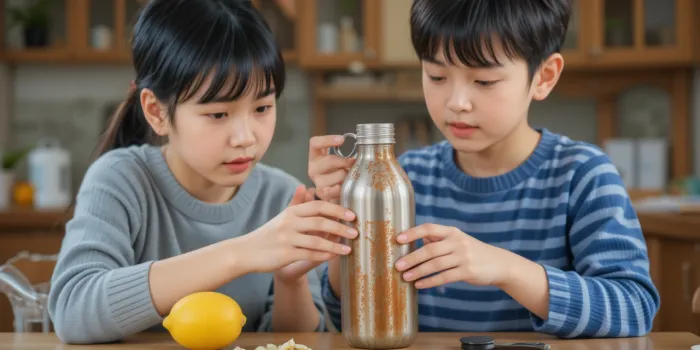 물병에서 녹을 제거하며 아이에게 설명하는 모습