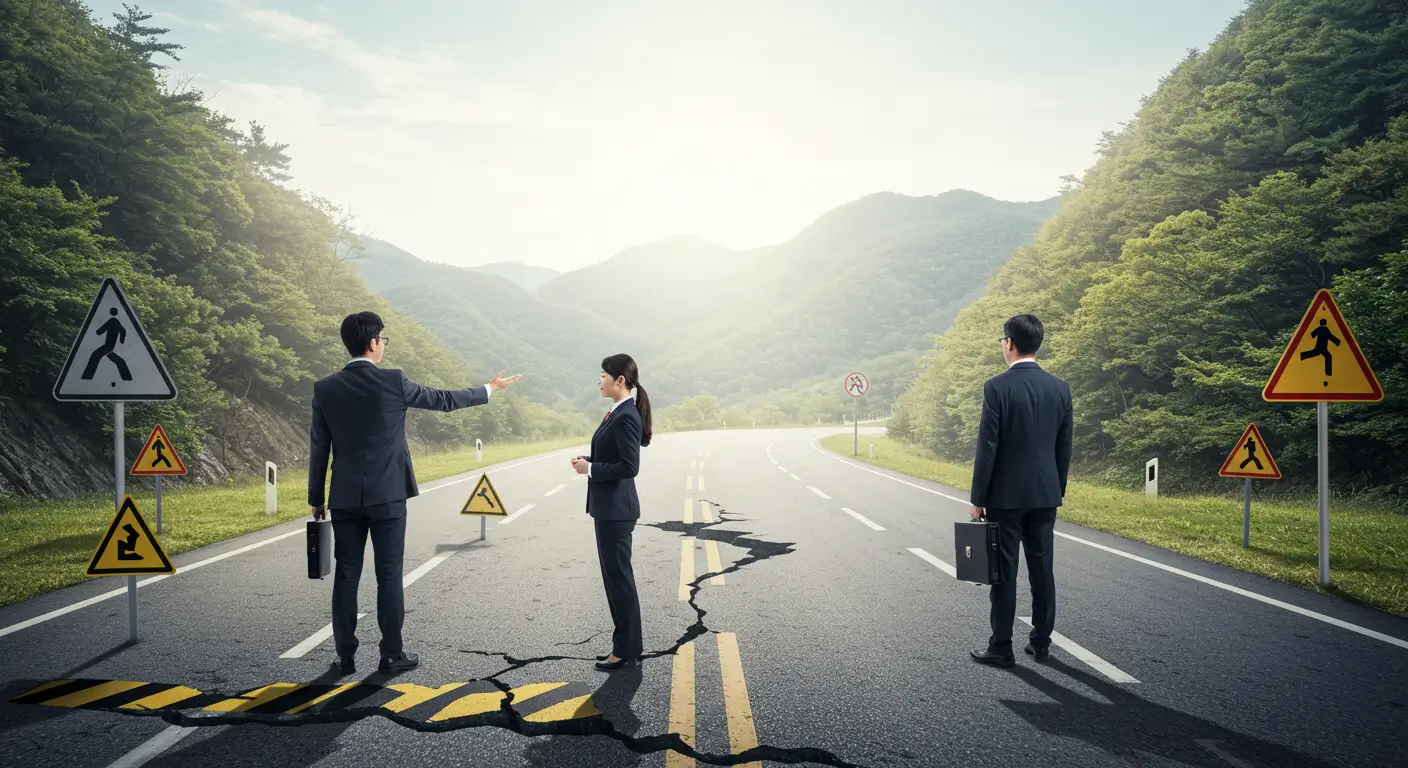 위험한 지름길 앞에서 전문가의 도움을 받아 안전한 우회로로 나아가는 사업가