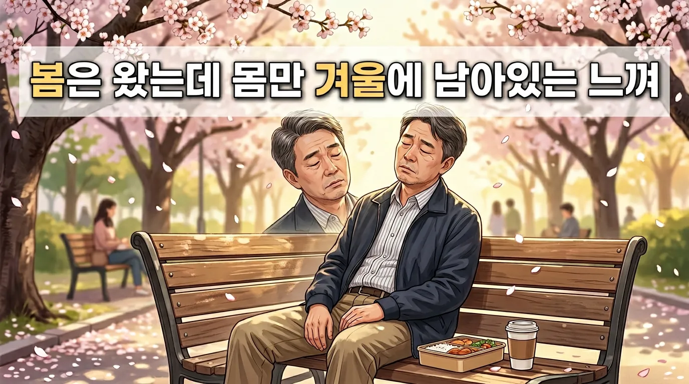 벚꽃 핀 공원 벤치에서 피곤해하는 중년 직장인