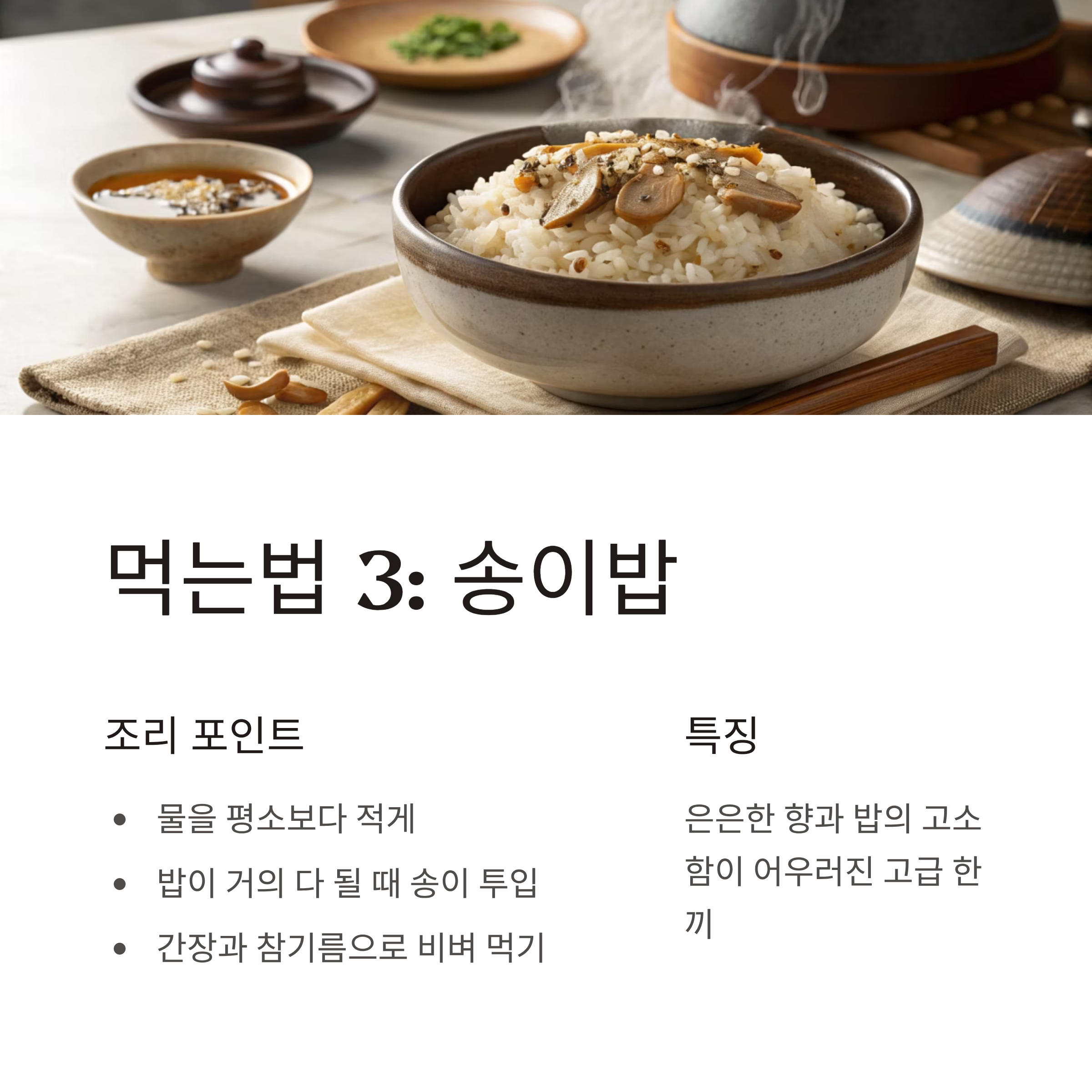 송이버섯 먹는법 완벽정리|향 손상 없이 즐기는 손질·구이·밥 요리 꿀팁