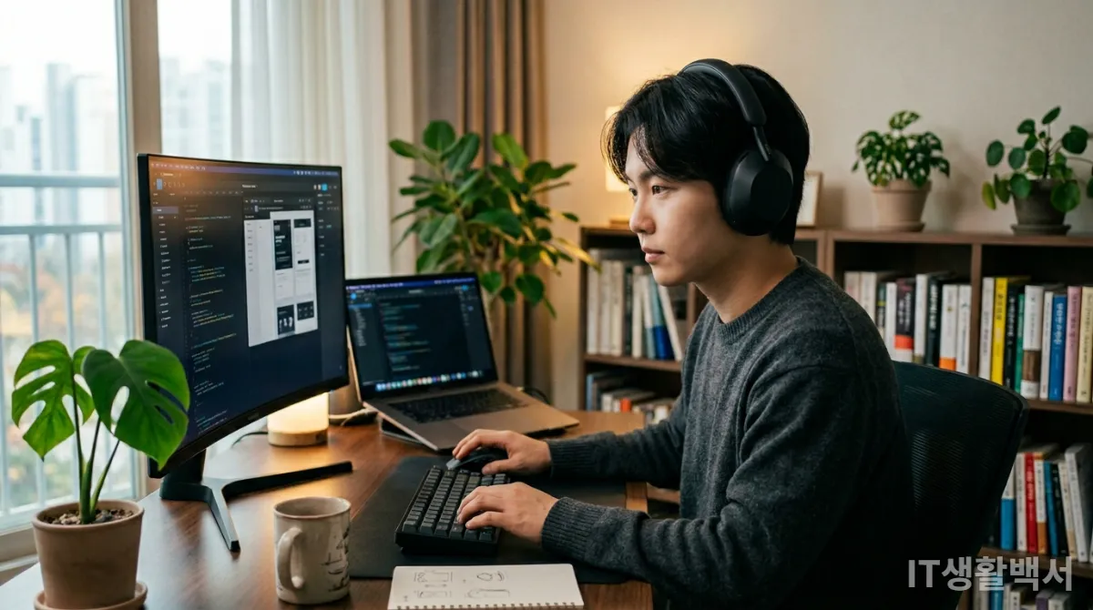 노이즈 캔슬링 헤드셋을 착용하고 집중하는 직장인