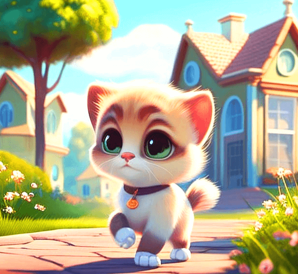 하얀 털을 가진 고양이 한 마리가 길을 걷고 있다. 목에는 작은 방울 목걸이를 했다.