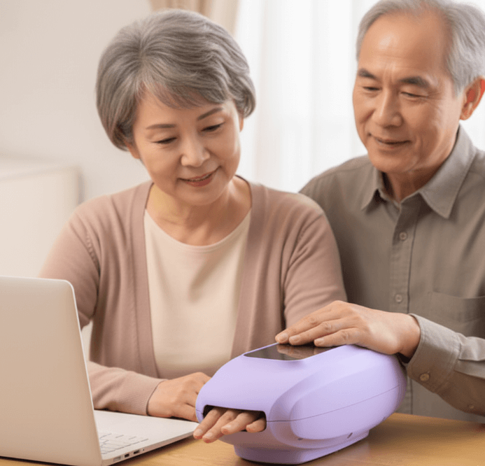 할머니가 폴리오 손마사지기 사용하고 있는 모습