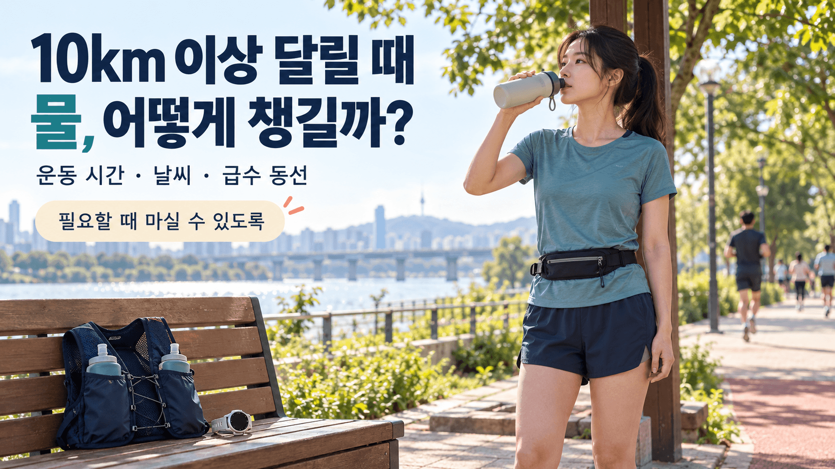 공원 그늘에서 물을 마시는 러너와 물병을 수납한 러닝조끼를 배치하고, 운동 시간&middot;날씨&middot;급수 동선 확인을 강조한 10km 이상 달리기 수분 보충 안내 이미지