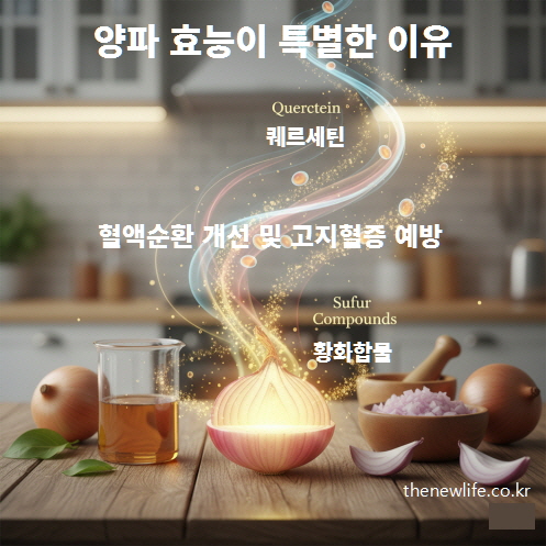 양파의 핵심 효능 성분인 퀘르세틴과 황화합물을 보여주는 인공 이미지