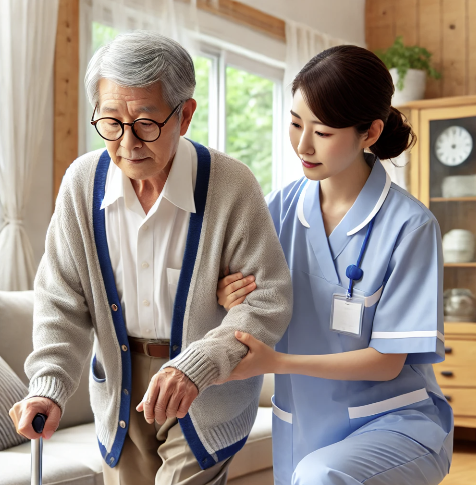 요양 보호사가 노인을 보조하며 걷는 모습
