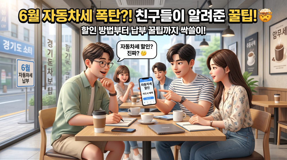 친구들에게 자동차세 꿀팁에 대해 듣는 모습을 재현한 캐릭터 이미지
