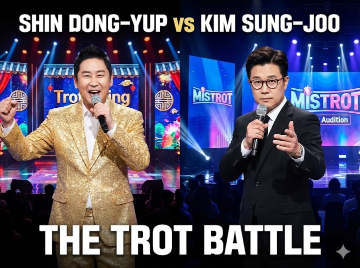 트로트 무대 위에서 마이크를 잡고 있는 신동엽과 김성주의 모습