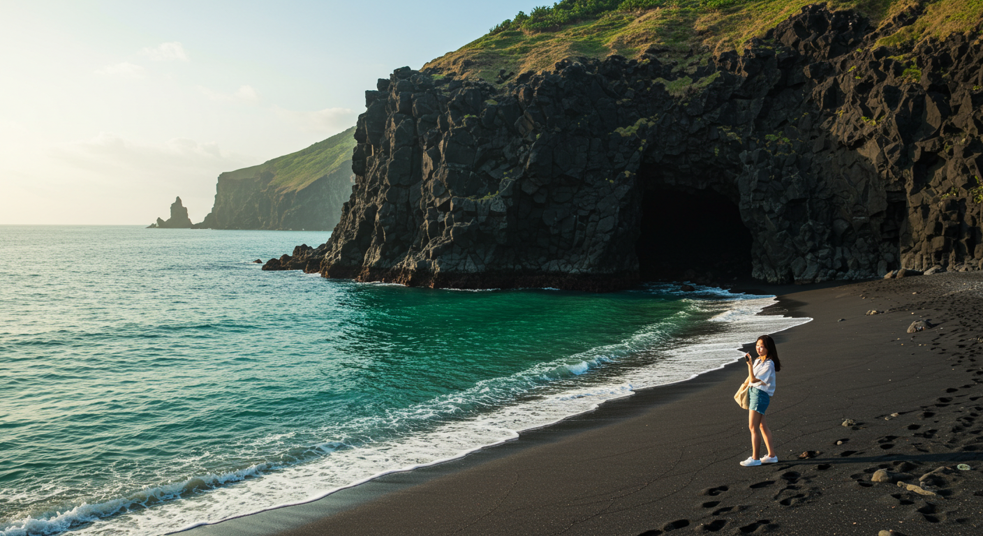 우도 검멀레 해변의 검은 용암과 에메랄드 바다