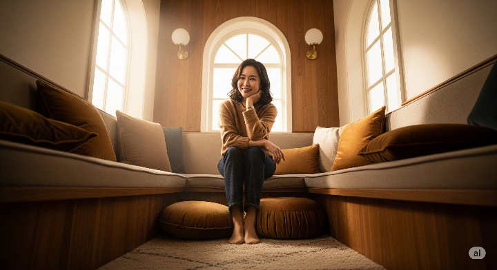 따뜻한 분위기의 거실 인테리어 부스에서 포즈를 취하는 여성