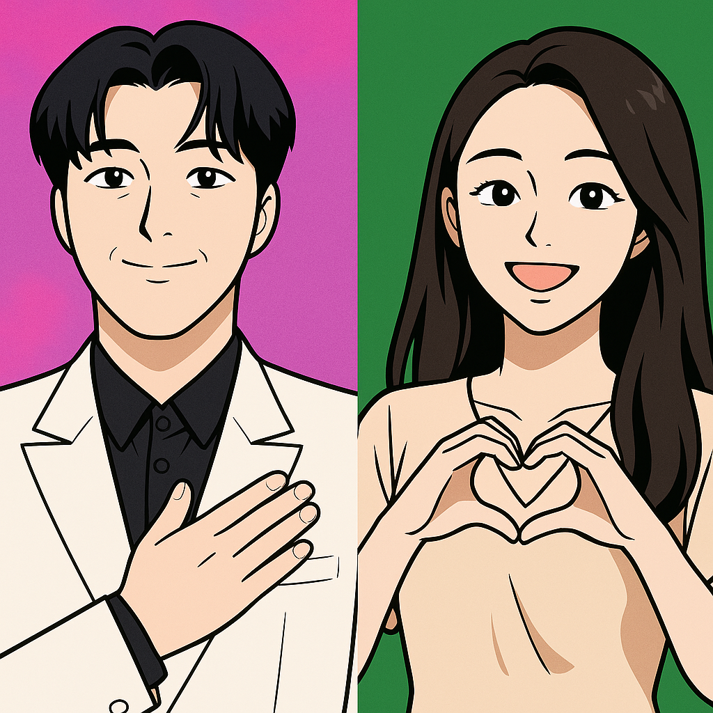 배우 이동건과 강해림, 열애설 이후 첫 공개 포즈를 취한 만화 스타일 일러스트