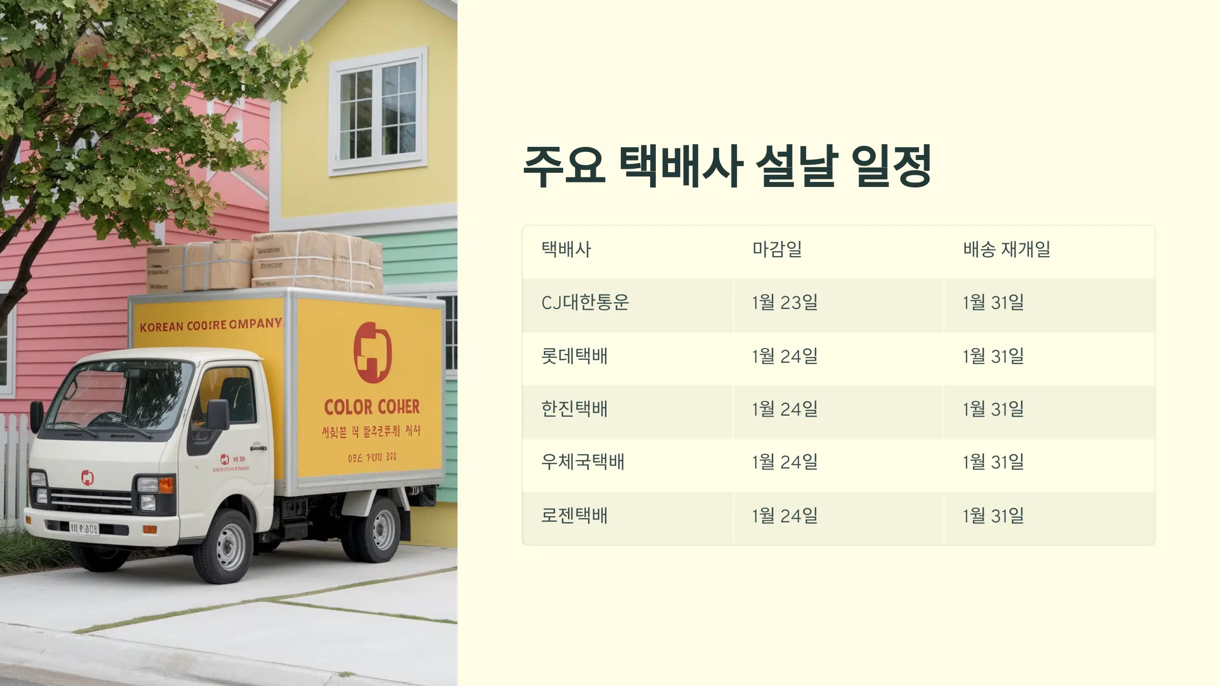 2025 설날 택배사별 마감, 배송 재개 일정, CJ대한통운, 롯데택배, 한진택배, 우체국택배, 로젠택배