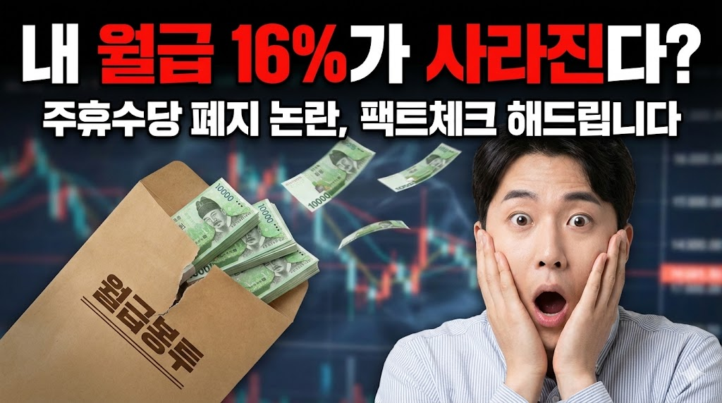 찢어진 월급봉투와 사라지는 돈, 그리고 놀란 표정의 인물을 통해 주휴수당 폐지 시 발생할 수 있는 금전적 손실을 시각적으로 강렬하게 표현했습니다.