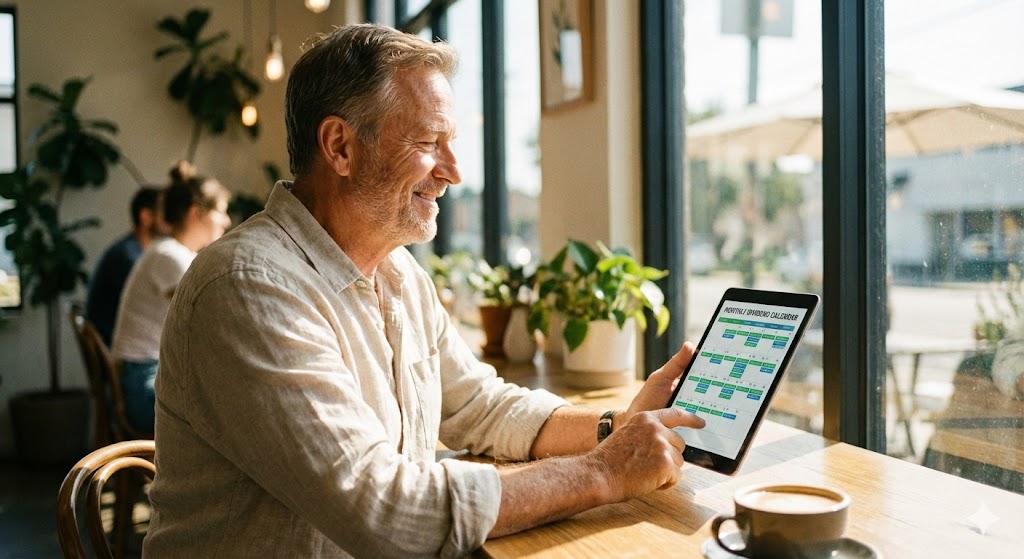 카페에서 여유롭게 태블릿으로 배당 입금을 확인하는 시니어 모습