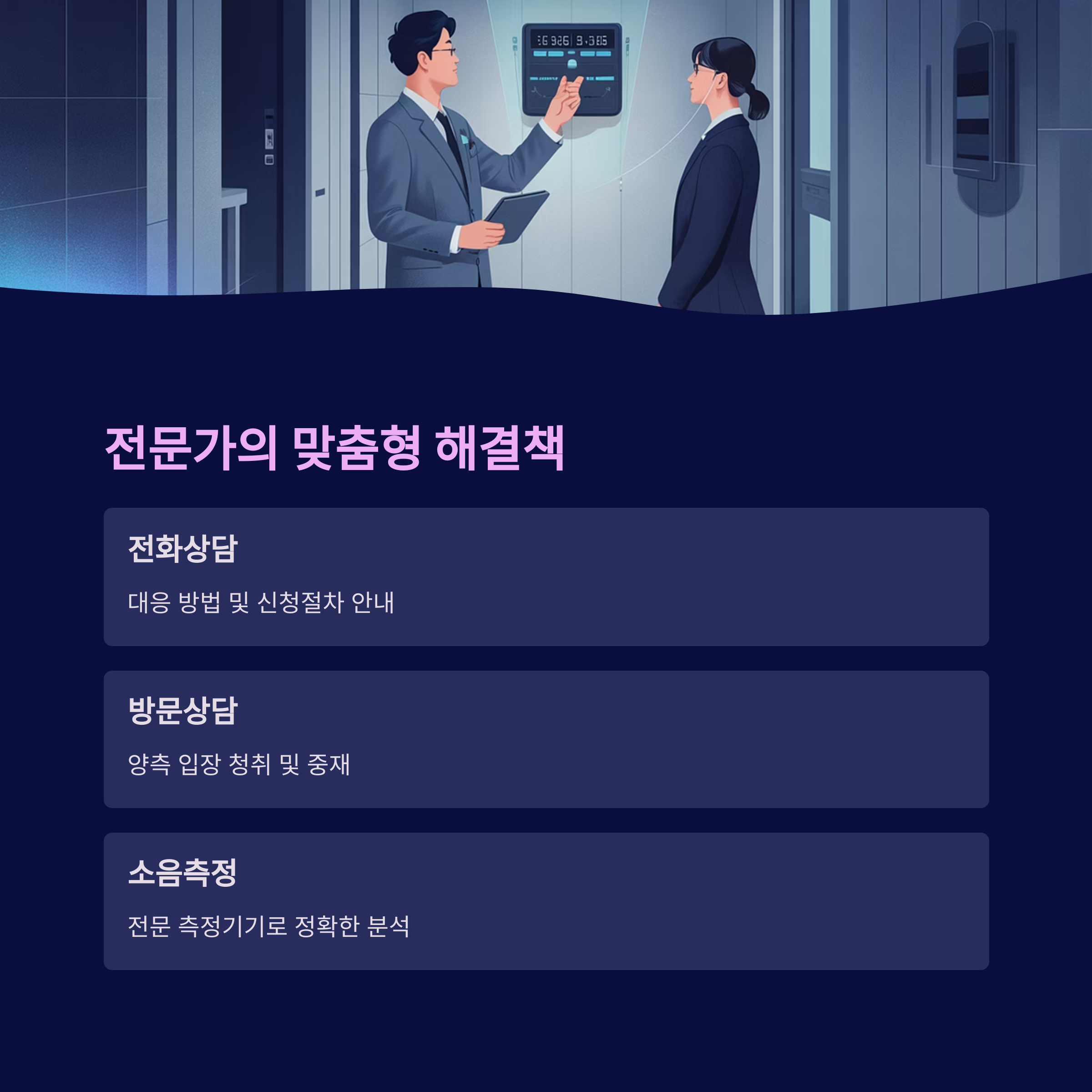 전문가의 맞춤형 층간소음 해결책을 설명하는 이미지로, 전화상담, 방문상담, 소음측정 서비스 제공 내용이 포함됨