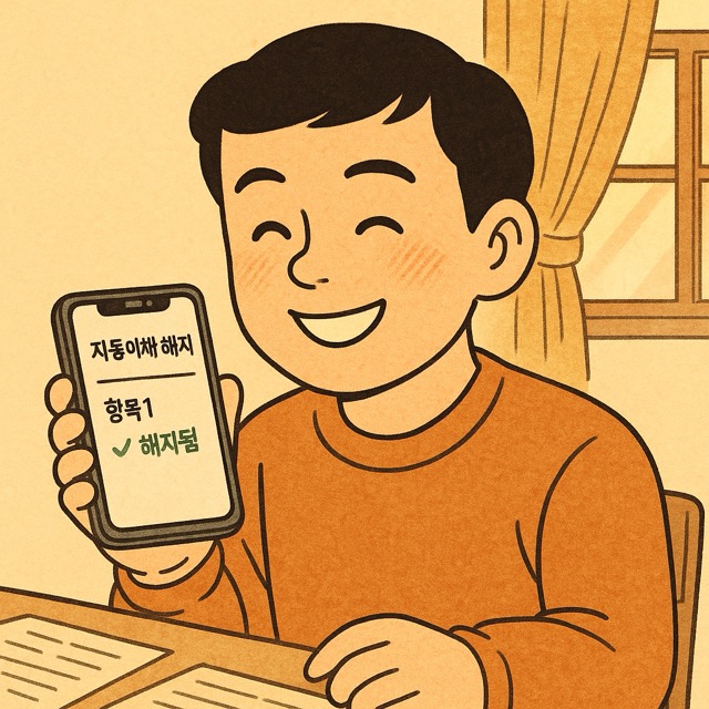 모바일 뱅킹 화면에서 자동이체 항목을 해지하며 미소 짓는 주인공