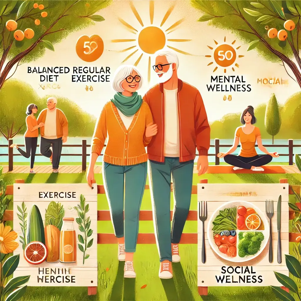 규칙적인 운동, 균형 잡힌 식단, 정신 건강 관리 등 활기찬 라이프스타일 요소가 담겨 있어요