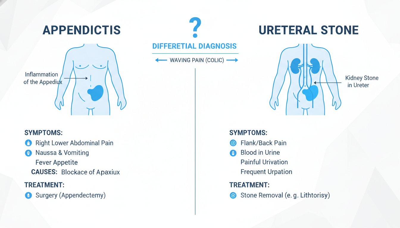 맹장염과 요로결석의 통증 위치 차이를 보여주는 비교 인포그래픽 이미지