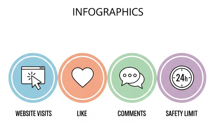 An infographic-style image featuring four clean icons in a row: a 'mouse cursor clicking on a screen' icon representing visits, a 'heart' icon for likes, a 'speech bubble' icon for comments, and a '24-hour clock' icon for the safety limit. Each icon is in a circle with a subtle pastel background.