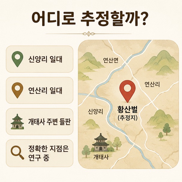 황산벌의 구체적인 전투 장소로 신양리와 연산리, 개태사 주변 들판 등이 거론되며 정확한 한 지점은 확정되지 않았음을 보여주는 지도 이미지