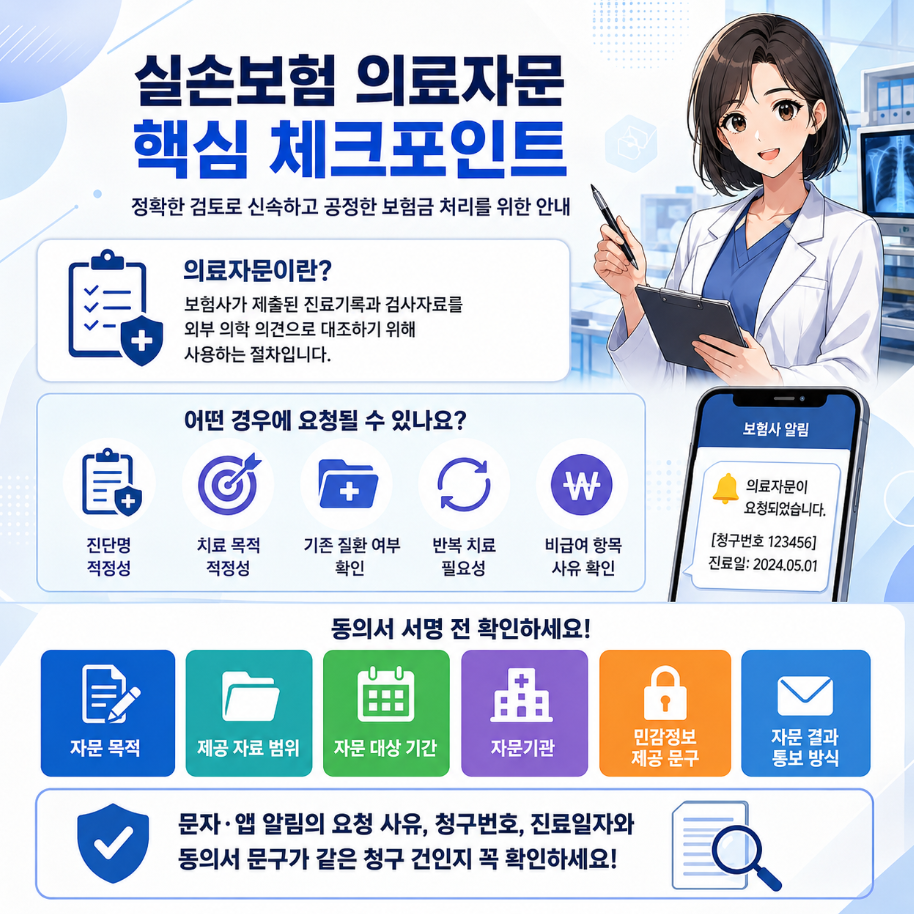 실손보험 의료자문 핵심 체크포인트를 정리한 정사각형 인포그래픽으로, 의료자문 개념, 요청 사유, 동의서 확인 항목, 보험사 알림 예시와 여성 의사 일러스트가 함께 배치된 이미지