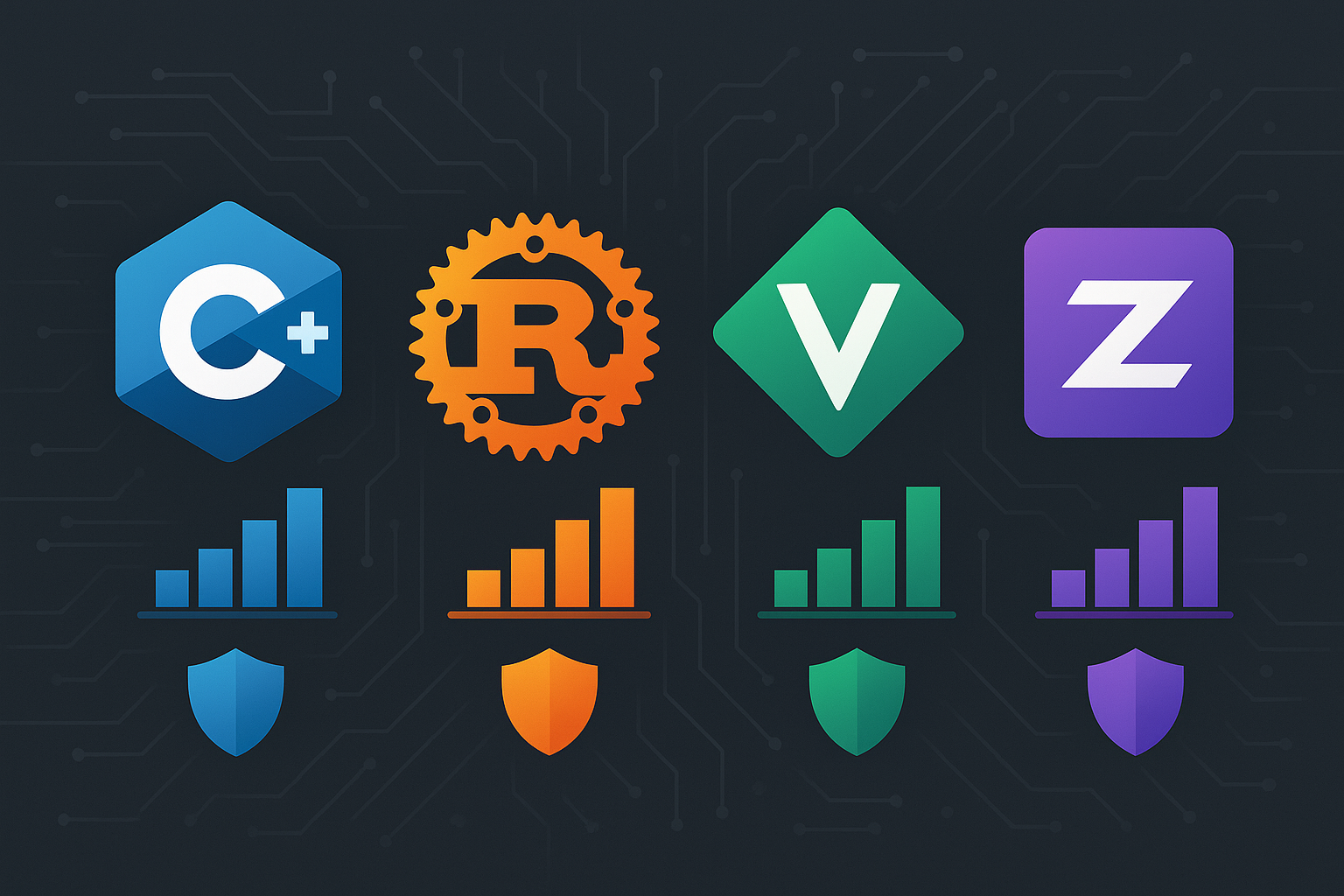 C++ Rust Vale Zig 시스템 프로그래밍 언어 비교 인포그래픽 - 성능, 메모리 안전성, 개발 생태계 분석