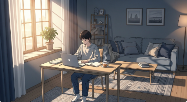 청년이 아늑한 공간에서 편안하게 생활하며 주거 안정을 나타내는 모습