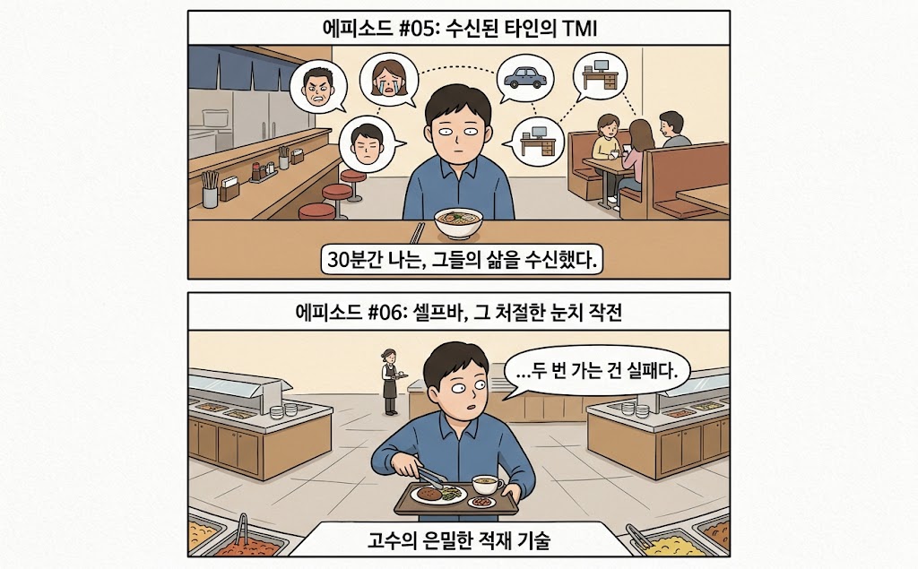 "혼밥 에피소드 #5와 #6을 담은 2컷 만화. 첫 번째 컷은 식당에서 혼밥을 하며 주변 커플들의 대화(TMI)를 원치 않게 듣게 된 남자의 당황스러운 표정. 두 번째 컷은 뷔페식 셀프바에서 눈치 보며 음식을 한 번에 많이 담으려 고군분투하는 남자의 모습."