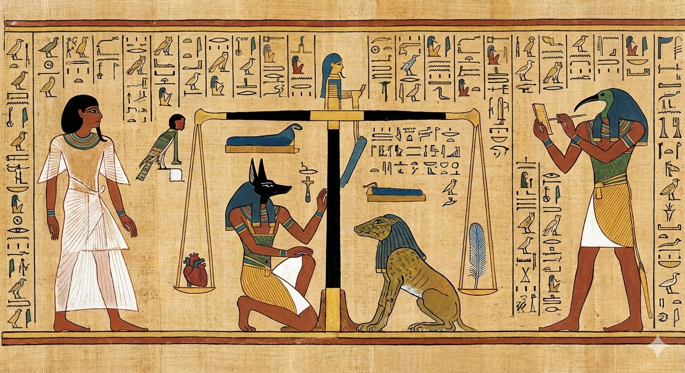 An ancient Egyptian papyrus painting from the Book of the Dead showing the 'Weighing of the Heart' ceremony. Anubis kneels by a scale weighing a deceased person's heart against the feather of Ma'at, while Thoth records the result and the monster Ammit waits nearby.