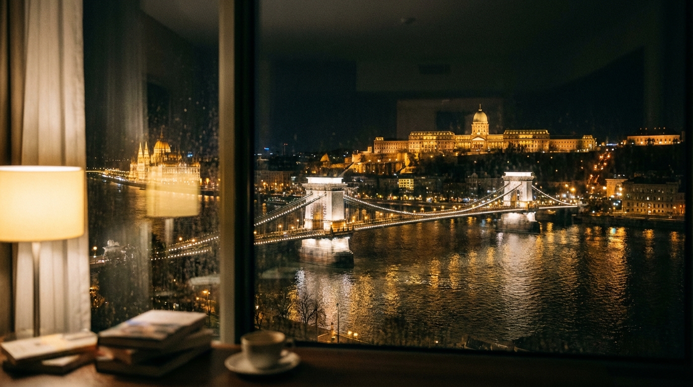 부다페스트 다뉴브강 야경과 세체니 다리가 보이는 호텔 객실 창문 뷰