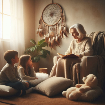 할머니와 아이들이 구름을 배경으로 꿈을 이야기하는 장면, 따뜻한 분위기 속에서 이야기를 나누고 있습니다.