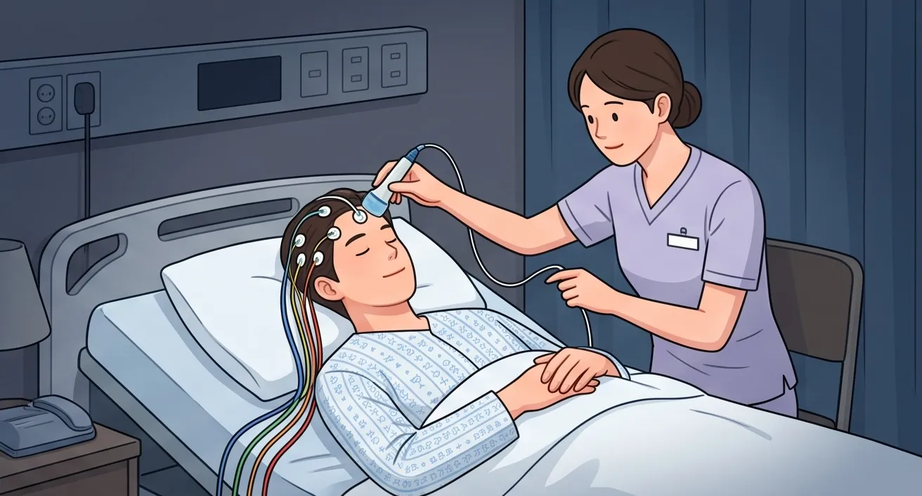 병원 침대에 누워 수면다원검사를 받기 위해 머리에 센서를 부착하고 있는 환자와 의료진