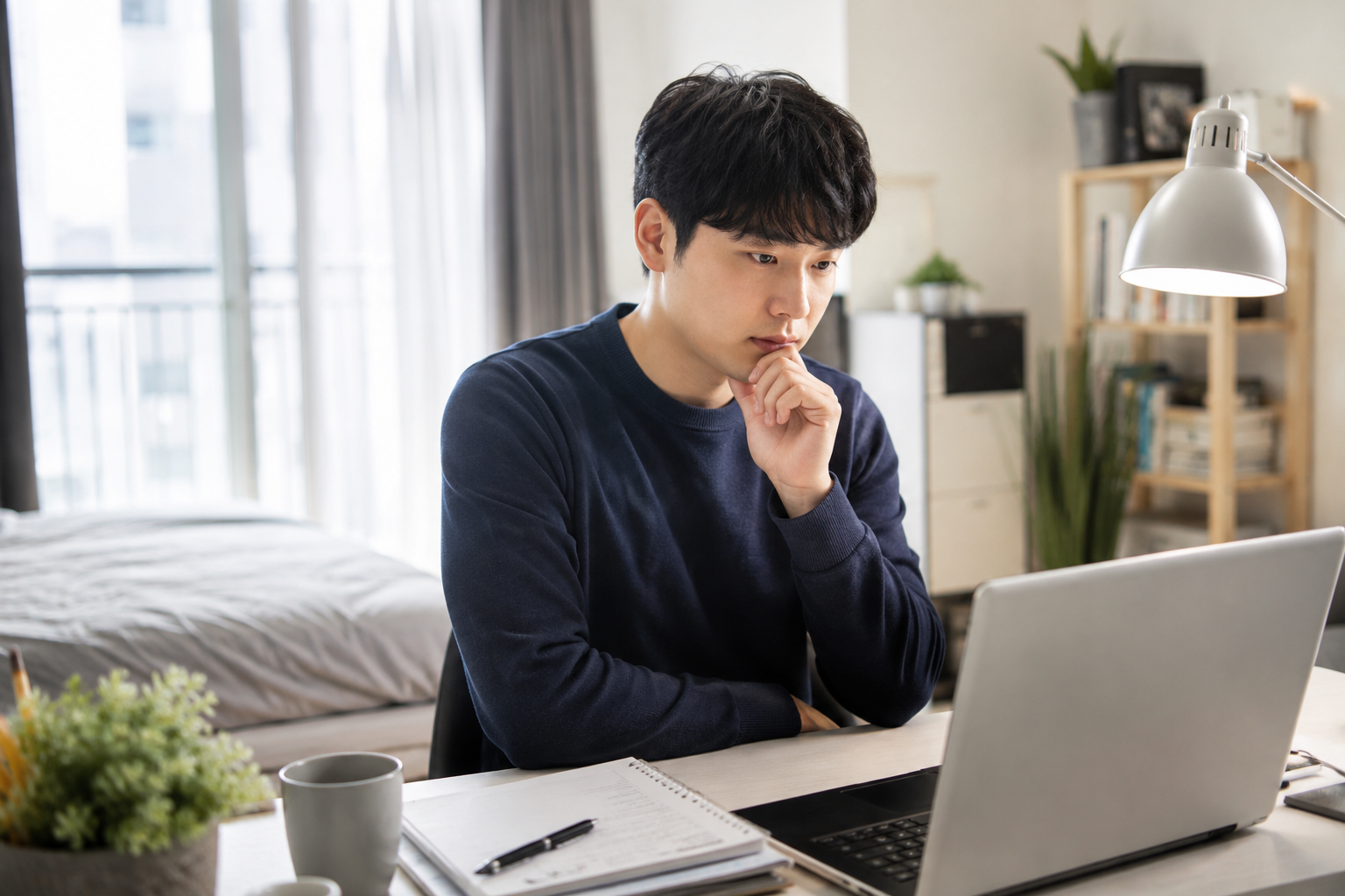 20대 후반으로 보이는 청년이 집 책상 앞에 앉아 노트북 화면을 바라보며 청약통장 가입 조건을 검색하는 장면. 한국 원룸 또는 소형 아파트 인테리어, 낮 시간대, 약간 고민하는 표정. 청년 주택드림 청약통장 가입 여부를 알아보는 서론에 배치할 이미지.