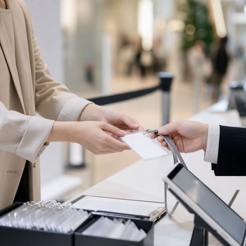 코엑스 전시회 스태프가 입장 안내 데스크에서 방문객 명찰을 확인하는 장면