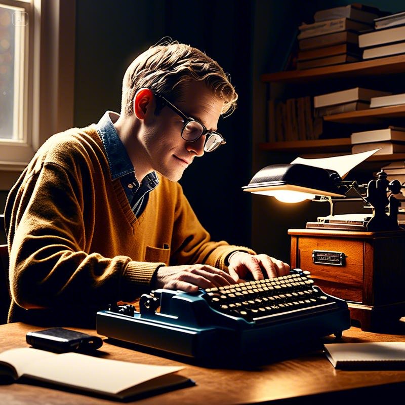 책상에 앉아 점자 타자기로 글을 쓰고 있는 시각장애인 작가의 모습. 옆에는 점자책들이 쌓여있고, 창문을 통해 들어오는 따뜻한 햇살이 작가의 얼굴을 비추고 있다.