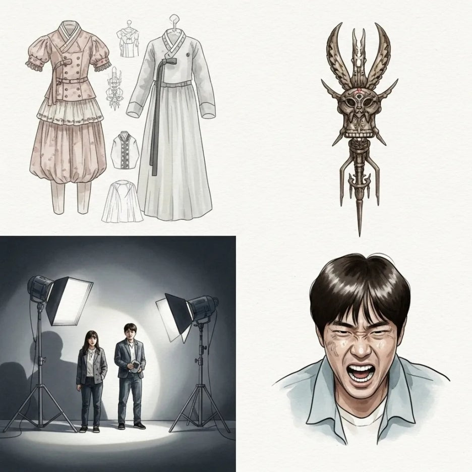 영화 연출의 다양한 시각적 요소들을 보여주는 모습