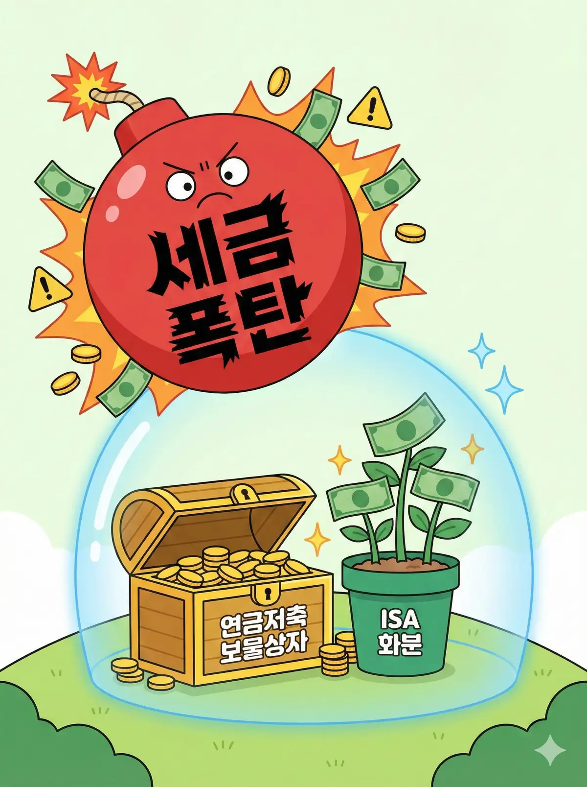 폭탄 모양 아이콘에 '세금 폭탄'이라고 적혀 있고, 그 옆에 연금저축 보물상자와 ISA 화분 아이콘이 안전하게 보호받는 일러스트