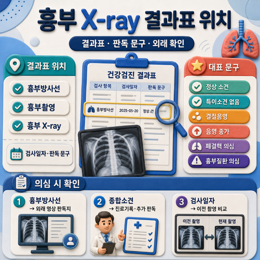 건강검진 결과표에서 흉부 X-ray 항목명, 검사일자, 판독 문구, 외래 확인 위치를 설명한 인포그래픽
