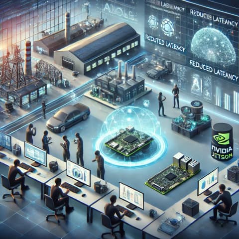 엣지 디바이스(라즈베리 파이, NVIDIA Jetson 등)와 센서들이 연결된 모습
스마트 팩토리나 자율주행차에 적용된 엣지 컴퓨팅 시나리오 인포그래픽
개발자들이 엣지 컴퓨팅 솔루션을 테스트하고 논의하는 장면