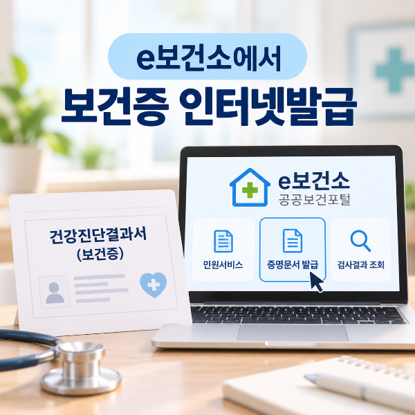e보건소에서 보건증 건강진단결과서를 인터넷으로 발급하는 방법을 안내하는 이미지