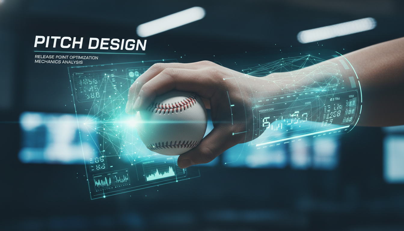 야구공 실밥을 잡고 있는 투수의 손 클로즈업과 피칭 디자인 및 제구력을 상징하는 첨단 분석 그래픽