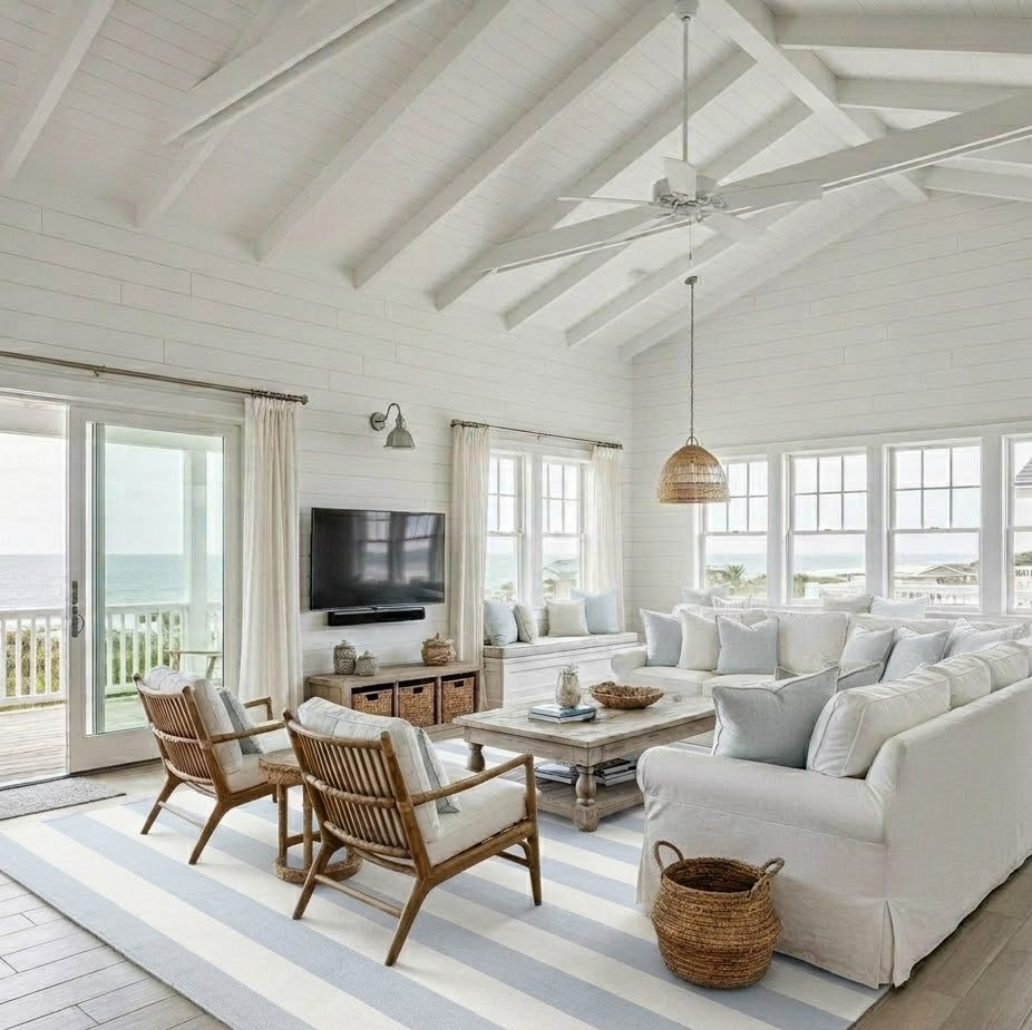 스트라이프 카펫에 라탄 가구가 있는 시원한 여름 거실 인테리어 이미지